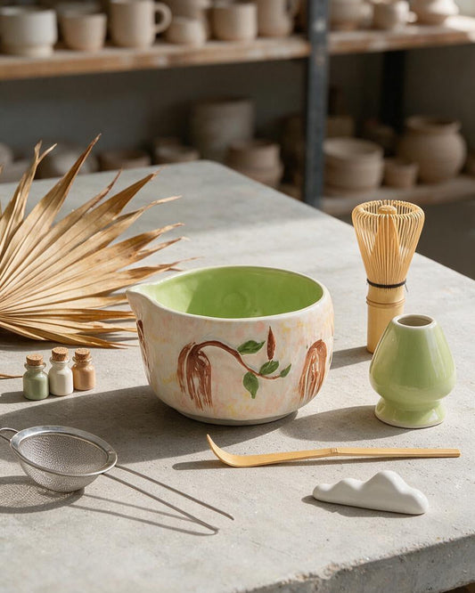 Cherry Willow matcha ceremony set in Willow Green, hand-painted ceramic bowl with bamboo whisk, scoop, and sifter