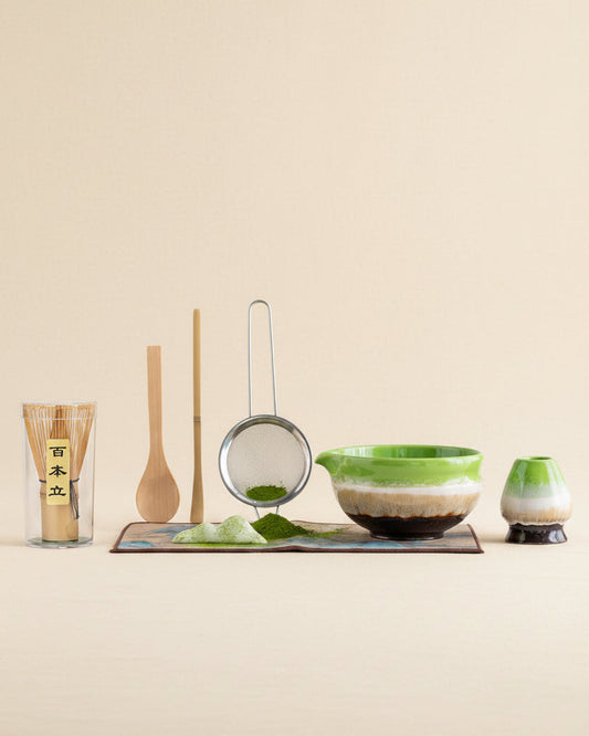 Minimal matcha ceremony set with bowl whisk and tools