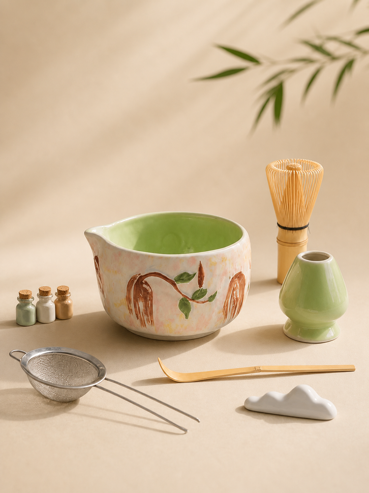 Cherry Willow 5-piece matcha ceremony set with ceramic bowl, bamboo whisk, scoop, whisk holder, and sifter