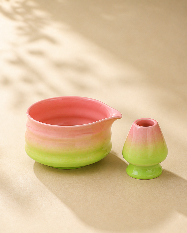 Dawn Blend gradient ceramic matcha bowl and whisk holder in soft pink and matcha green