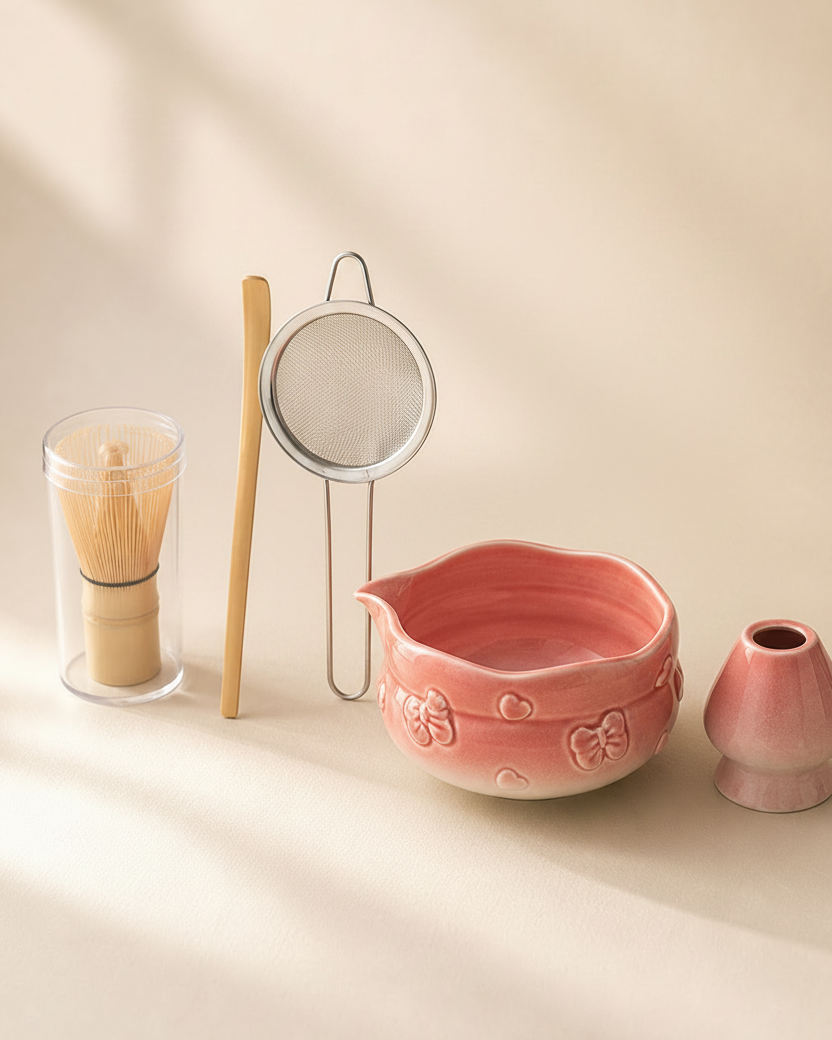 Blush Bow Sakura Pink matcha set: bowl, whisk, whisk holder, scoop, and sifter flat lay