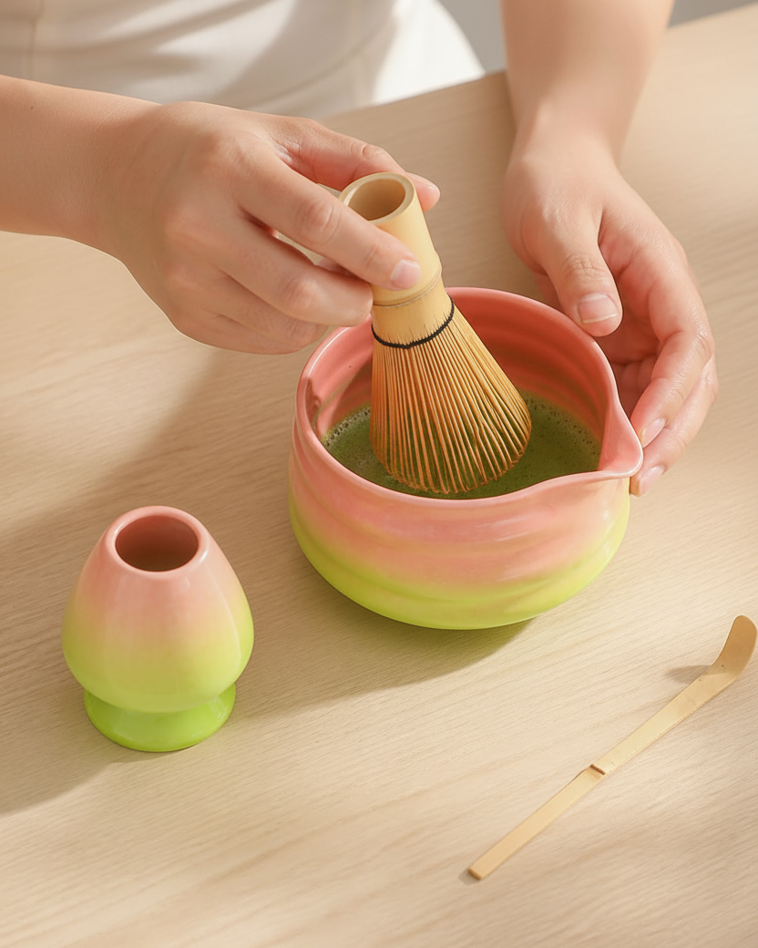 Whisking matcha in the Dawn Blend gradient bowl (whisk shown for context, not included)