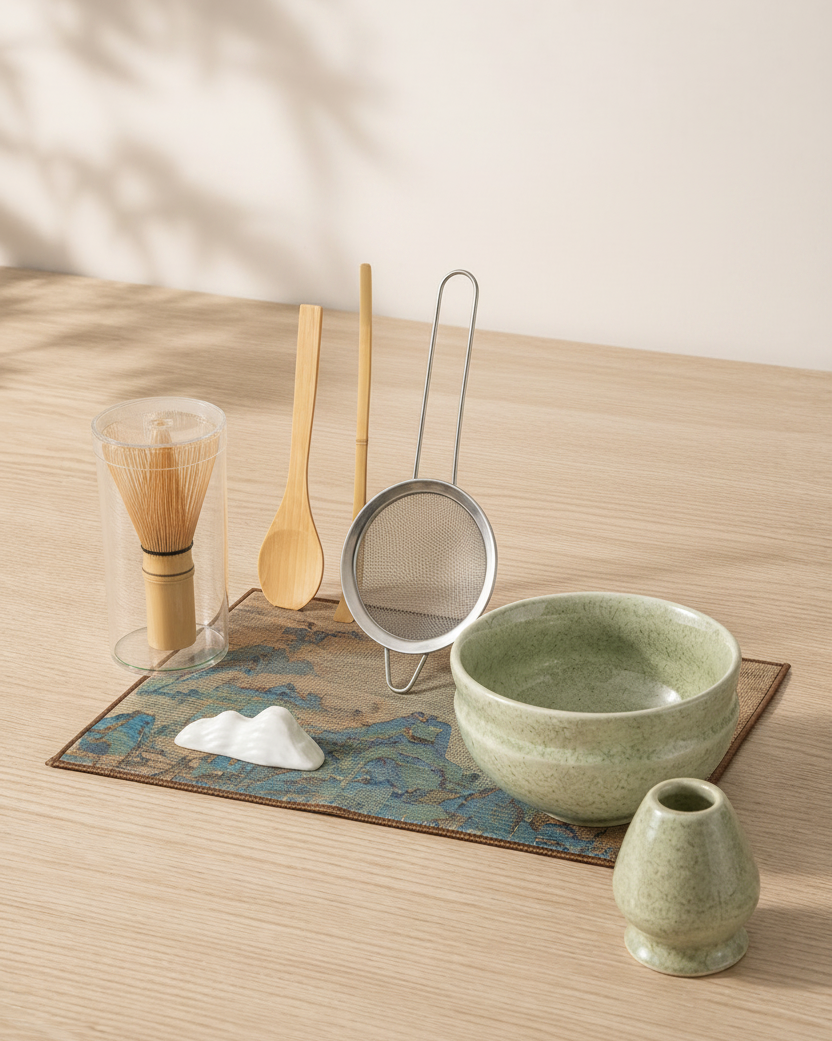 Bamboo Whisper 8-piece set with tea mat, utensil rest, whisk, scoop, spoon, sifter, bowl, and whisk holder