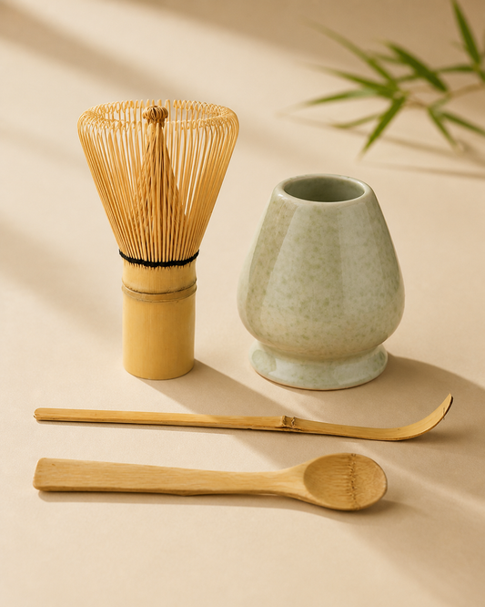 Bamboo Essentials matcha tool set with whisk, scoop, and tea spoon on neutral background