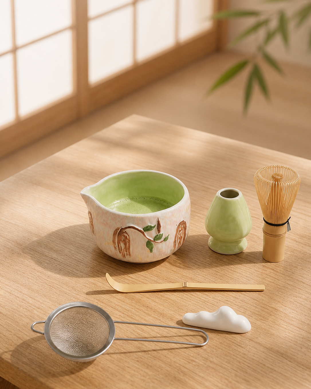 Cherry Willow Willow Brown matcha ceremony set with ceramic bowl and bamboo tea tools