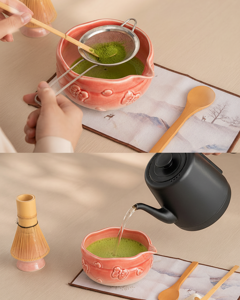 Preparing matcha in the Blush Bow Sakura Pink bowl: sifting powder and pouring hot water