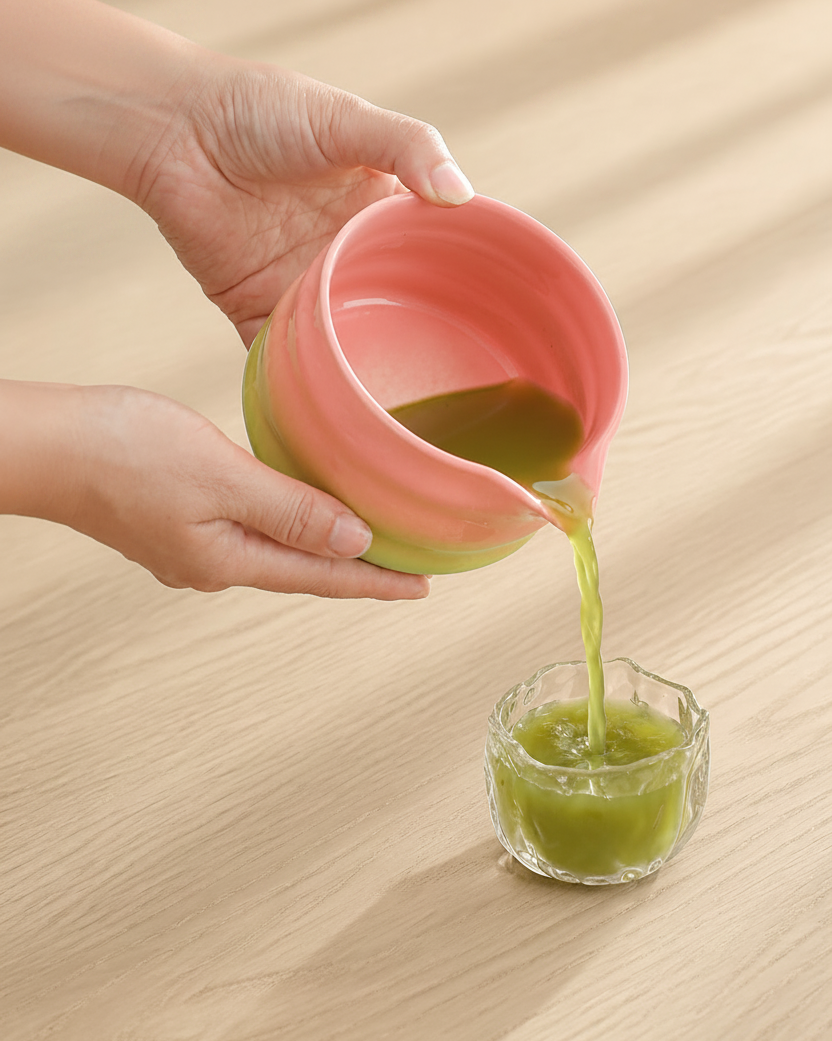 Pouring matcha from the Dawn Blend gradient bowl into a glass cup