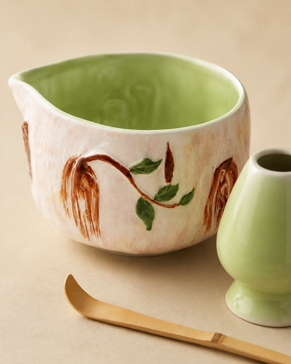 Cherry Willow matcha ceremony set with hand-painted ceramic bowl and bamboo whisk tools