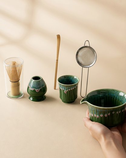 Matcha Spring set laid out: whisk, whisk holder, tasting cup, scoop, sifter, and bowl