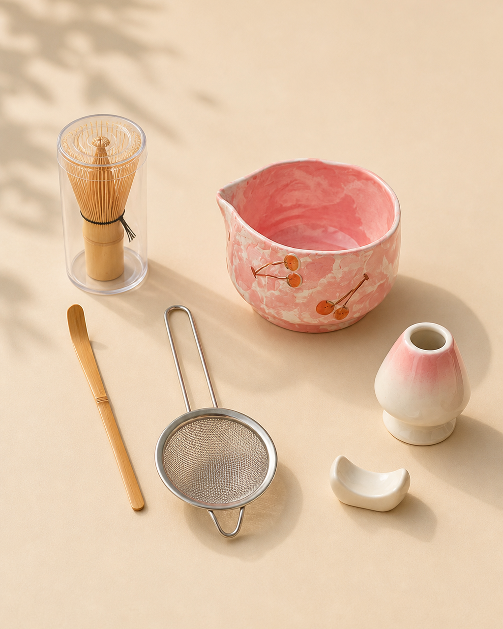 Cherry Willow Cherry Pink matcha set with hand-painted bowl and tea ceremony tools