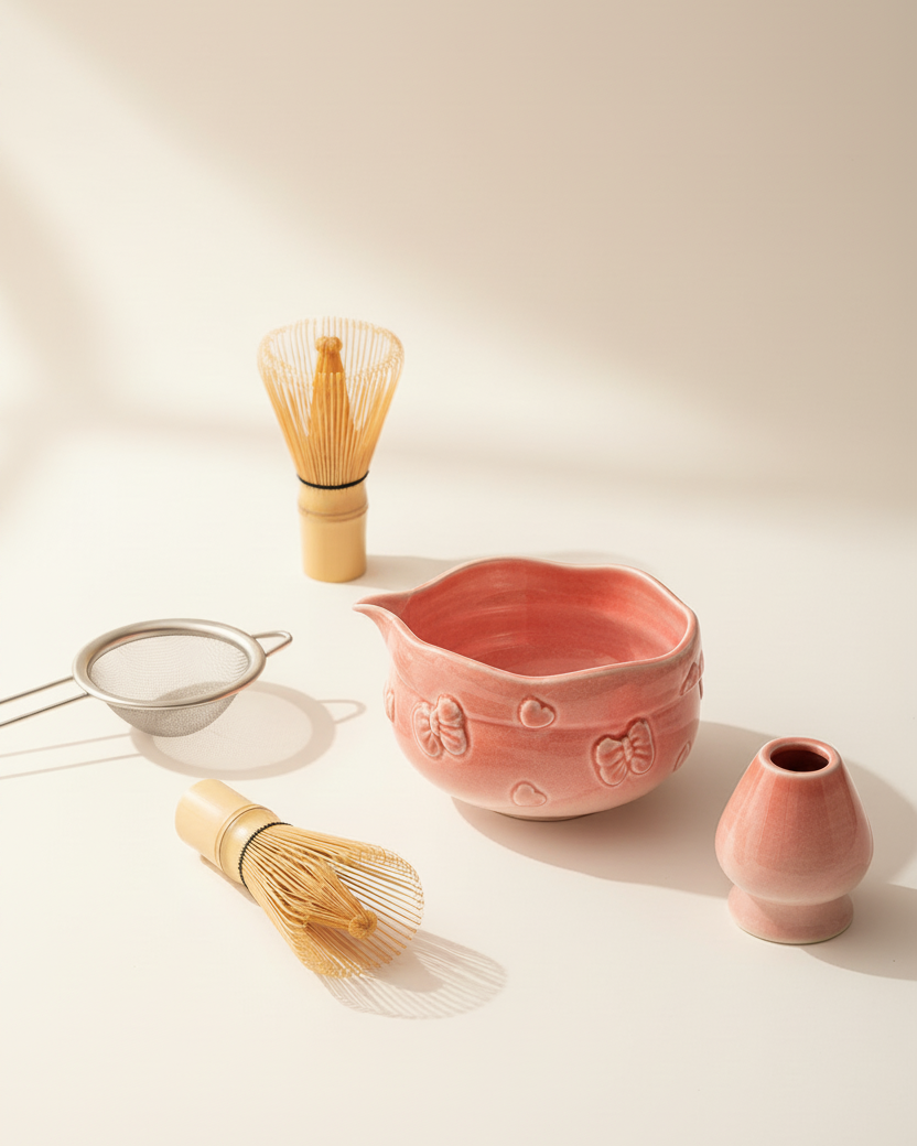 Blush Bow Sakura Pink matcha bowl, whisk, sifter, and whisk holder styled on a table