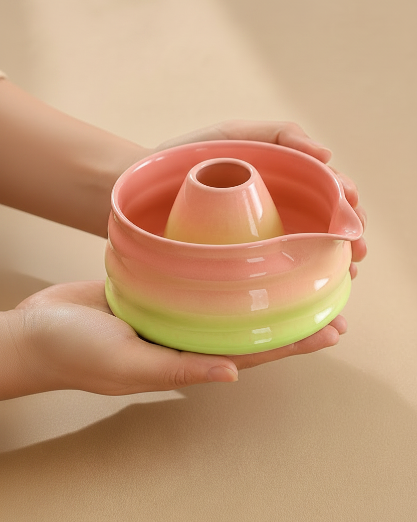 Hand holding the Dawn Blend gradient bowl with the whisk holder nested inside