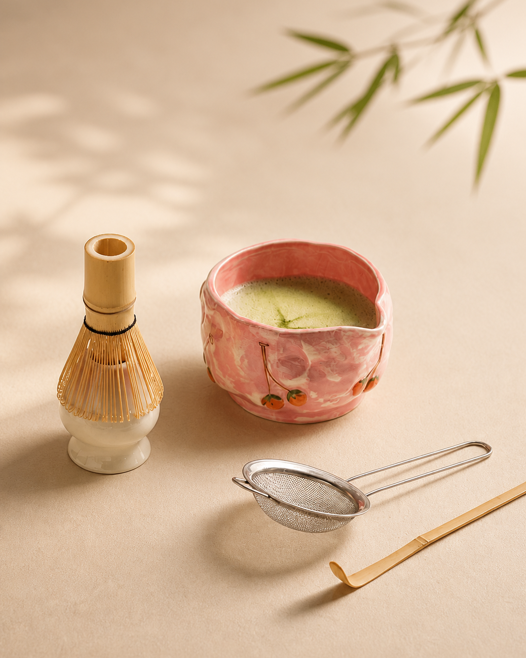 Cherry Willow Cherry Yellow ceramic matcha bowl set with bamboo whisk and scoop