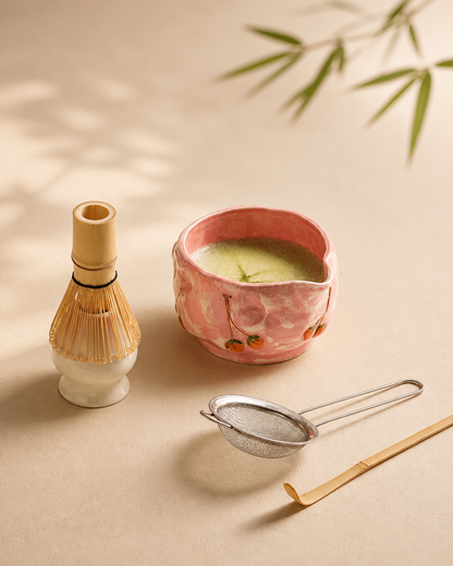 Cherry Willow Cherry Yellow ceramic matcha bowl set with bamboo whisk and scoop