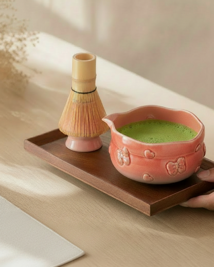 Blush Bow Sakura Pink matcha set styled on a wooden tray