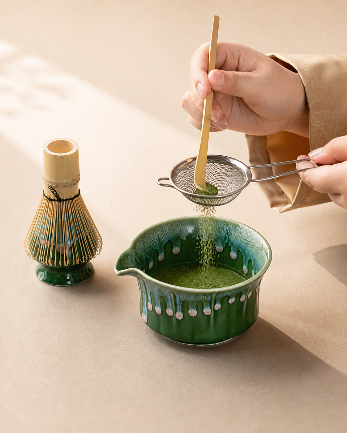 Sifting matcha powder into the Matcha Spring celadon green bowl