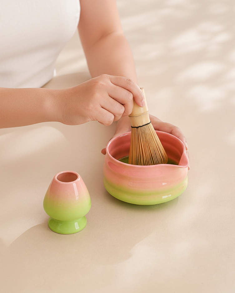 Whisking matcha in the Dawn Blend bowl beside the whisk holder