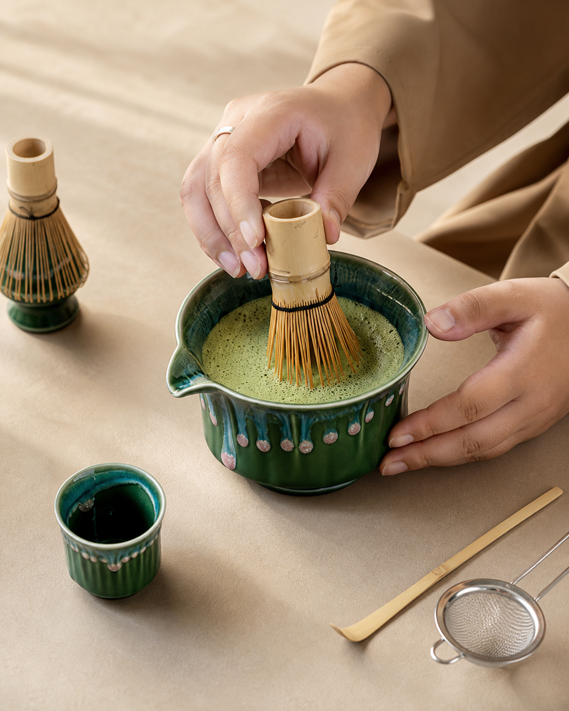 Whisking matcha in the Matcha Spring bowl with the tasting cup, scoop, and sifter nearby