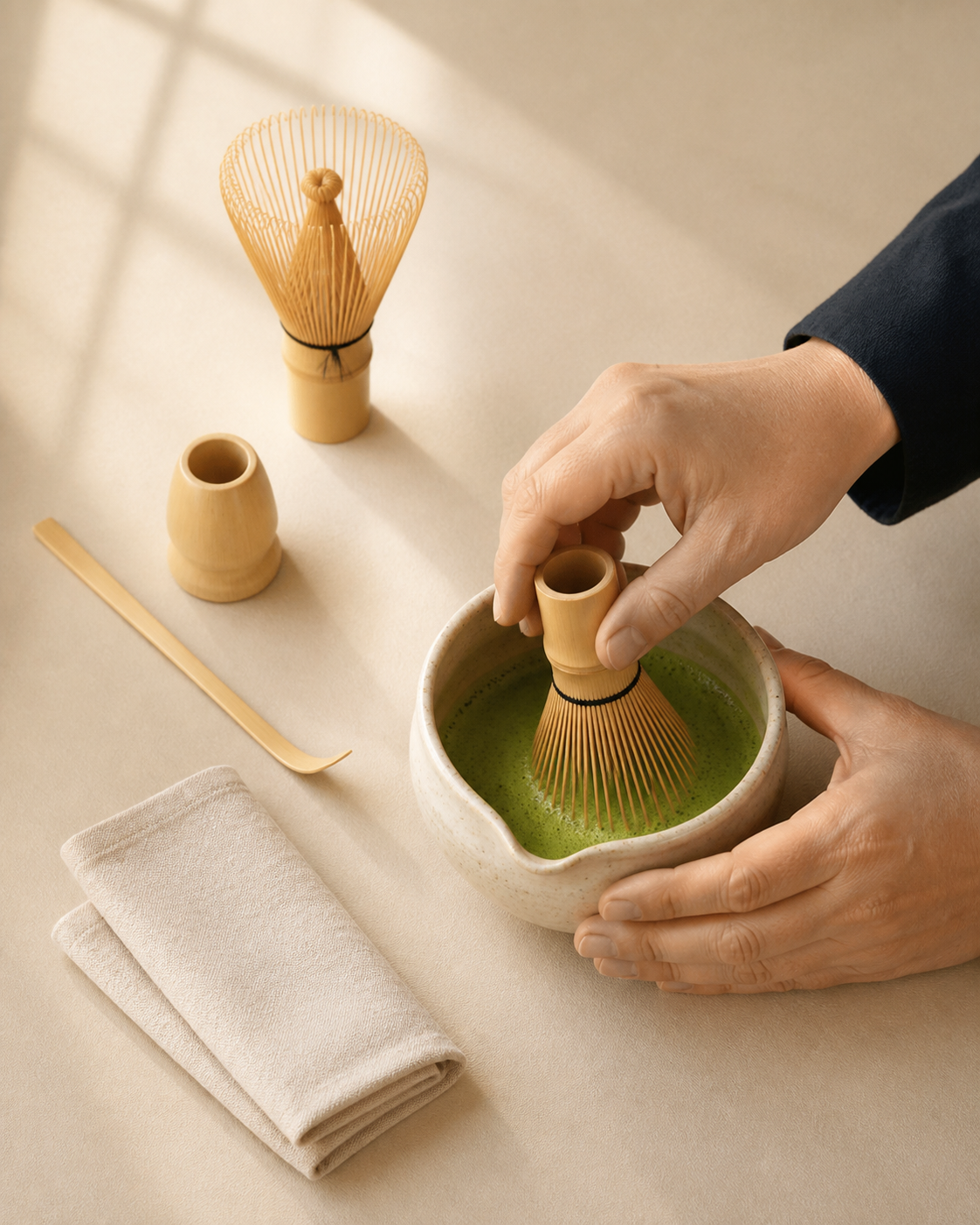 Close view of Bamboo Essentials matcha tools for whisking, scooping, and stirring