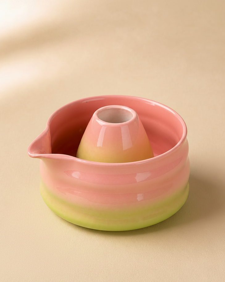 Dawn Blend gradient bowl with the whisk holder nested inside, front view