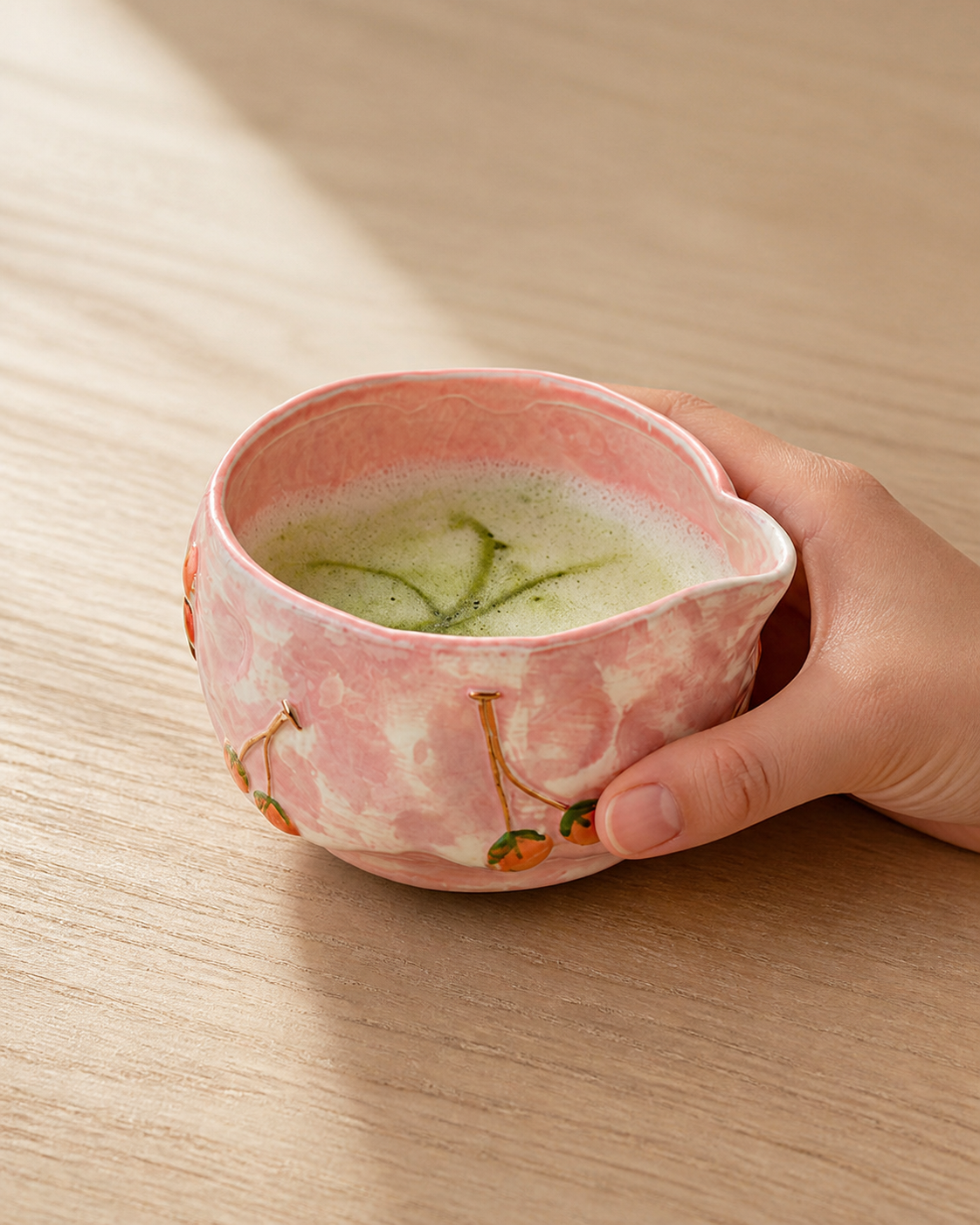 Cherry Willow Cherry Green matcha ceremony set arranged with whisk, sifter, and scoop