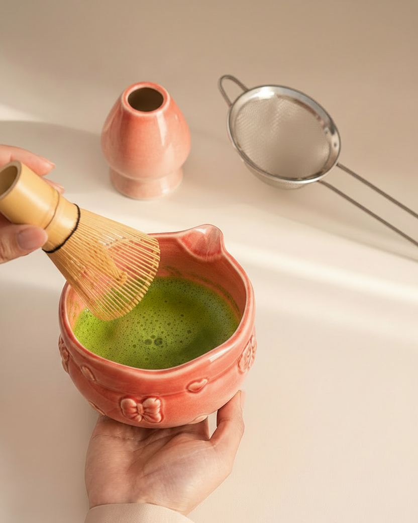 Whisking matcha in the Blush Bow bowl, whisk holder and sifter beside it