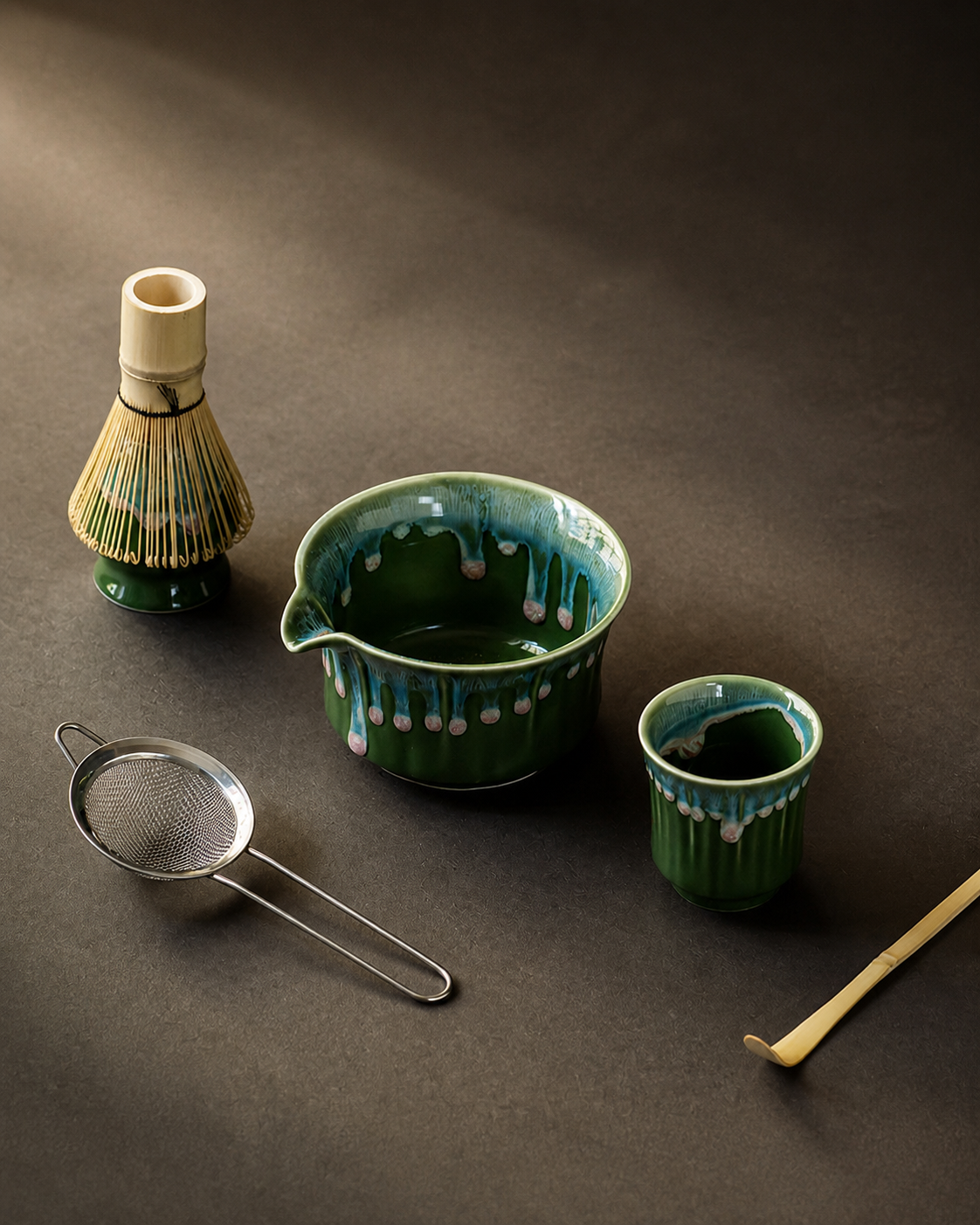 Matcha Spring 6-piece set: bowl, whisk, whisk holder, tasting cup, sifter, and scoop flat lay