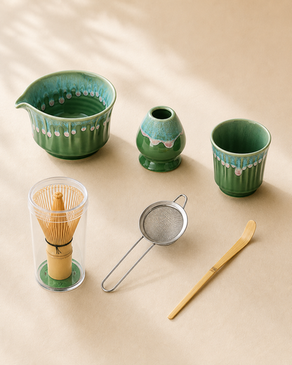 Matcha Spring full 6-piece set: bowl, whisk holder, tasting cup, whisk, sifter, and scoop