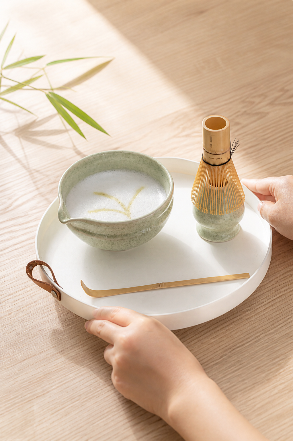 Bamboo Whisper bowl and whisk served on a tray