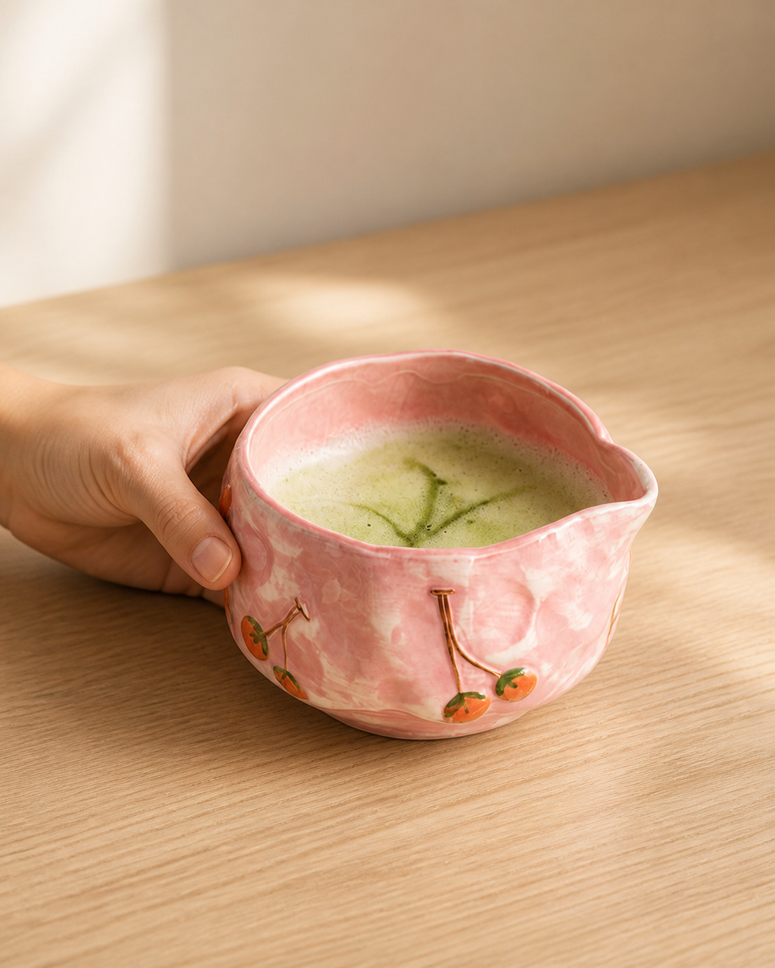 Cherry Willow ceramic matcha set arranged for home tea ceremony preparation