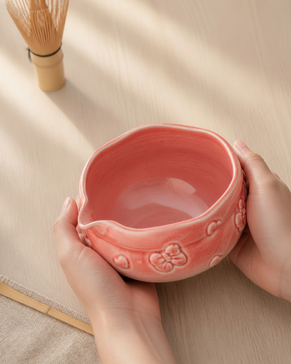 Hands holding the Blush Bow Sakura Pink ceramic matcha bowl