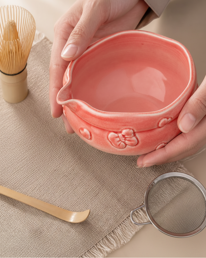 Blush Bow Sakura Pink bowl held on a linen mat with whisk, scoop, and sifter