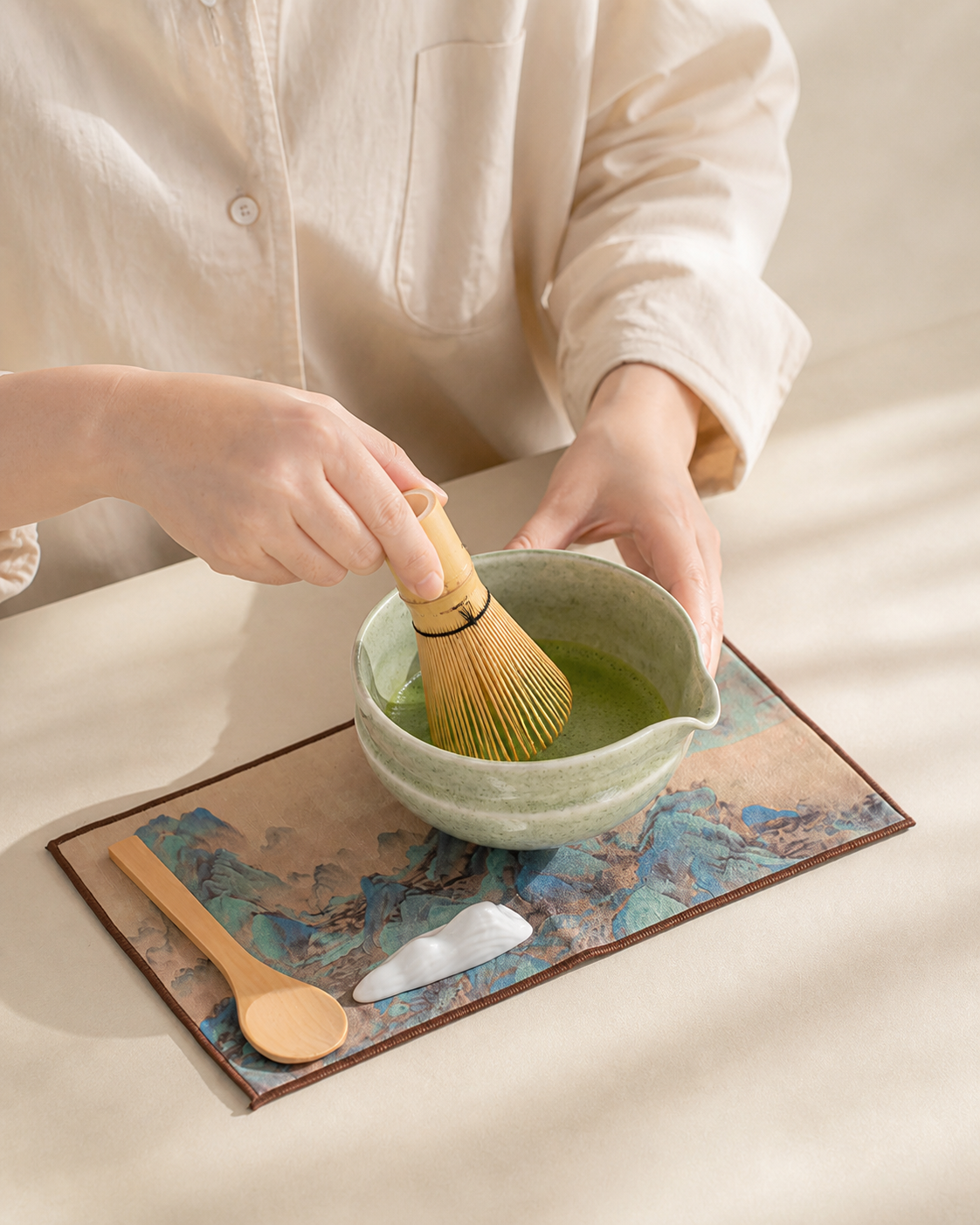 Whisking matcha in the Bamboo Whisper bowl on the tea mat with scoop and utensil rest