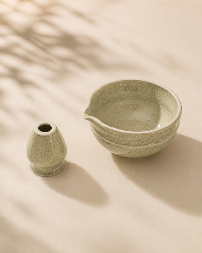 Bamboo Whisper ceramic matcha bowl and whisk holder