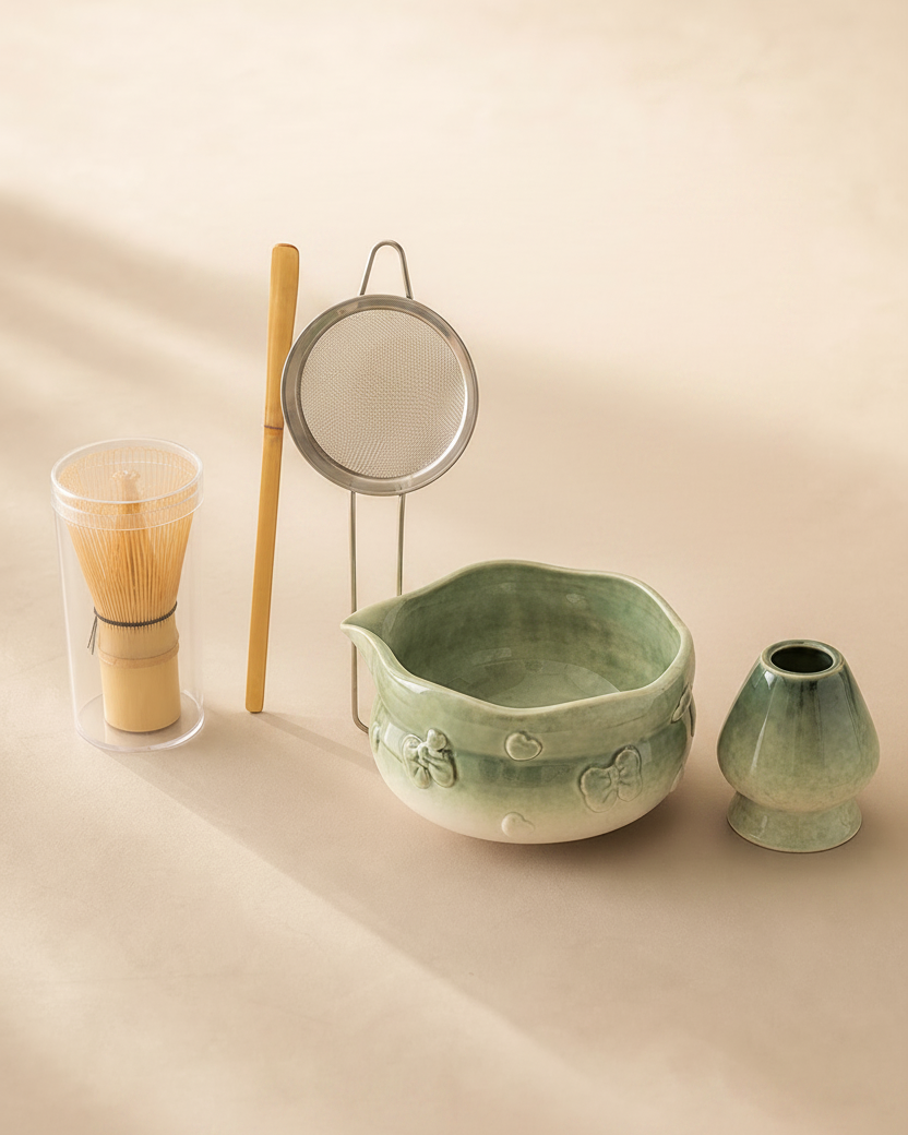 Blush Bow Classic Green matcha set: bowl, whisk, whisk holder, scoop, and sifter flat lay