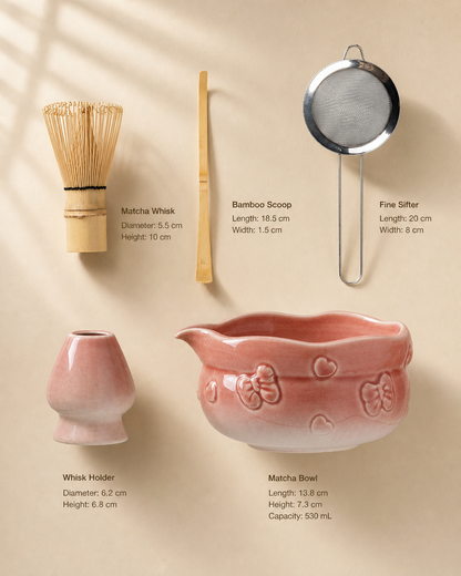 Blush Bow matcha ceremony set size chart with ceramic bowl, whisk holder, scoop, sifter, and bamboo whisk