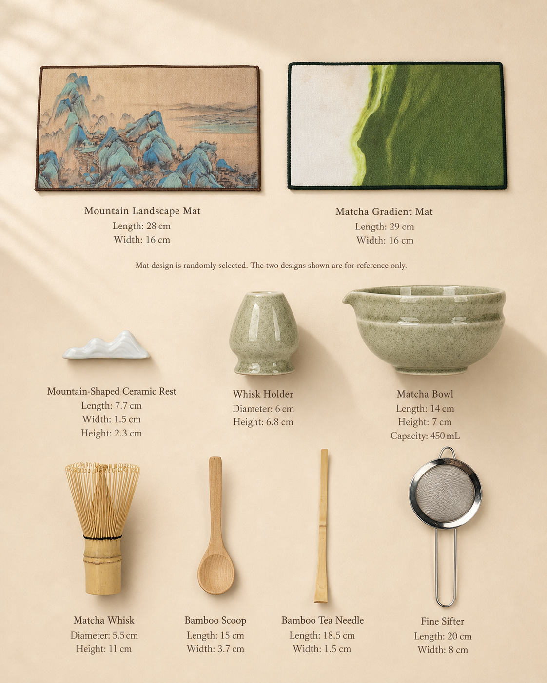 Bamboo Whisper size chart: tea mat, ceramic rest, whisk holder, bowl, whisk, scoop, tea spoon, and sifter dimensions