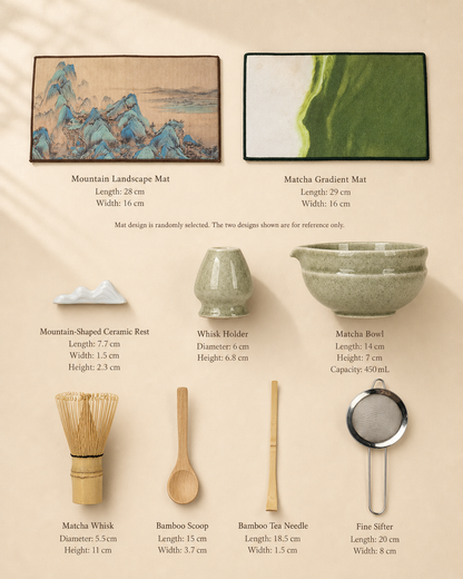 Bamboo Whisper size chart: tea mat, ceramic rest, whisk holder, bowl, whisk, scoop, tea spoon, and sifter dimensions