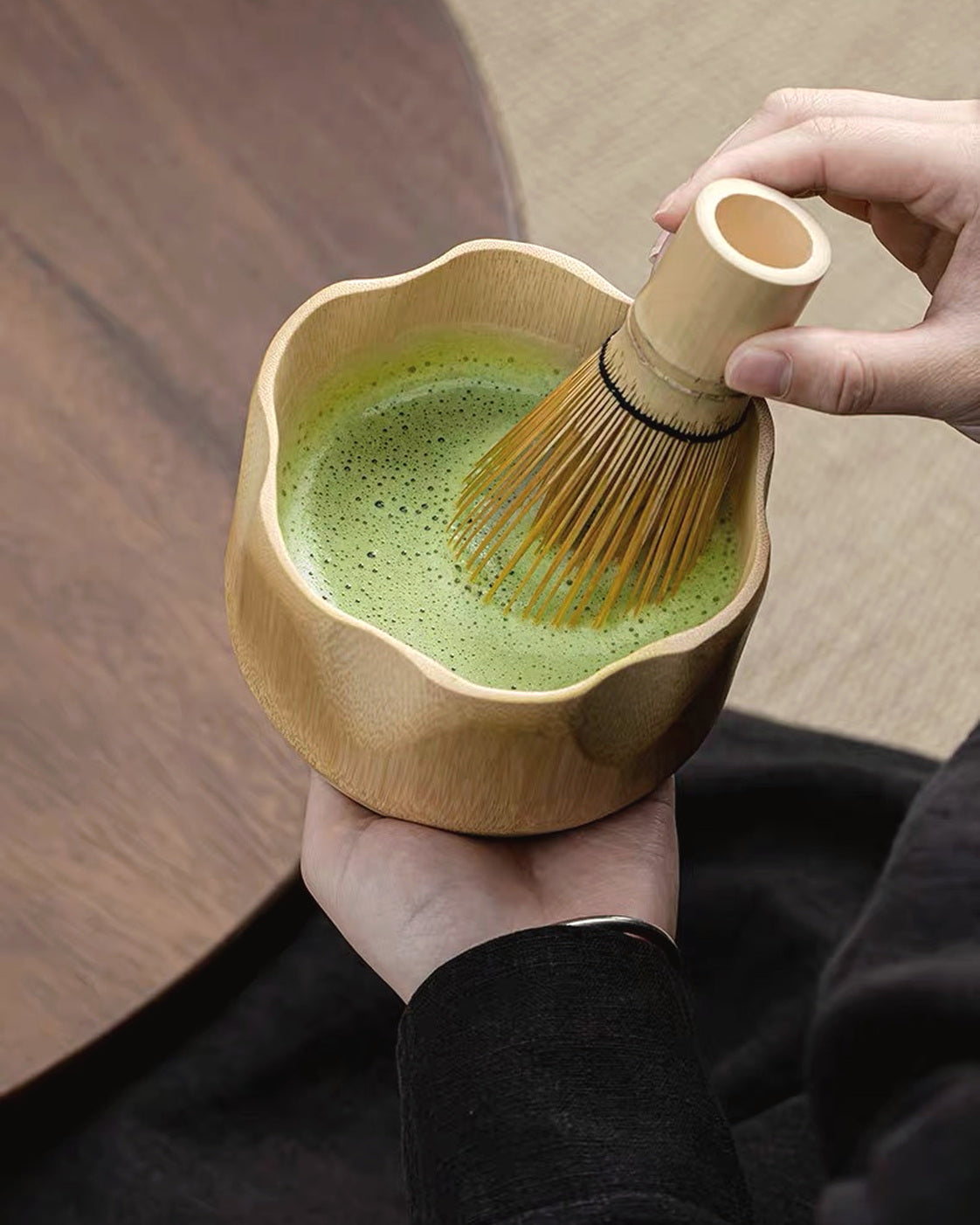 Bamboo matcha bowl set components arranged for daily tea preparation
