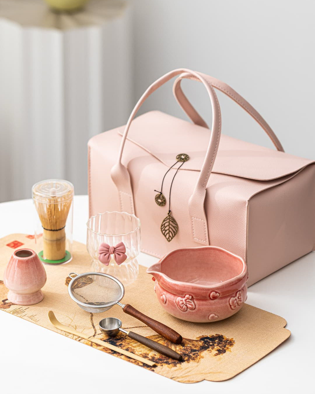 Blush Bow pink and green 9-piece matcha gift set in handbag-style case