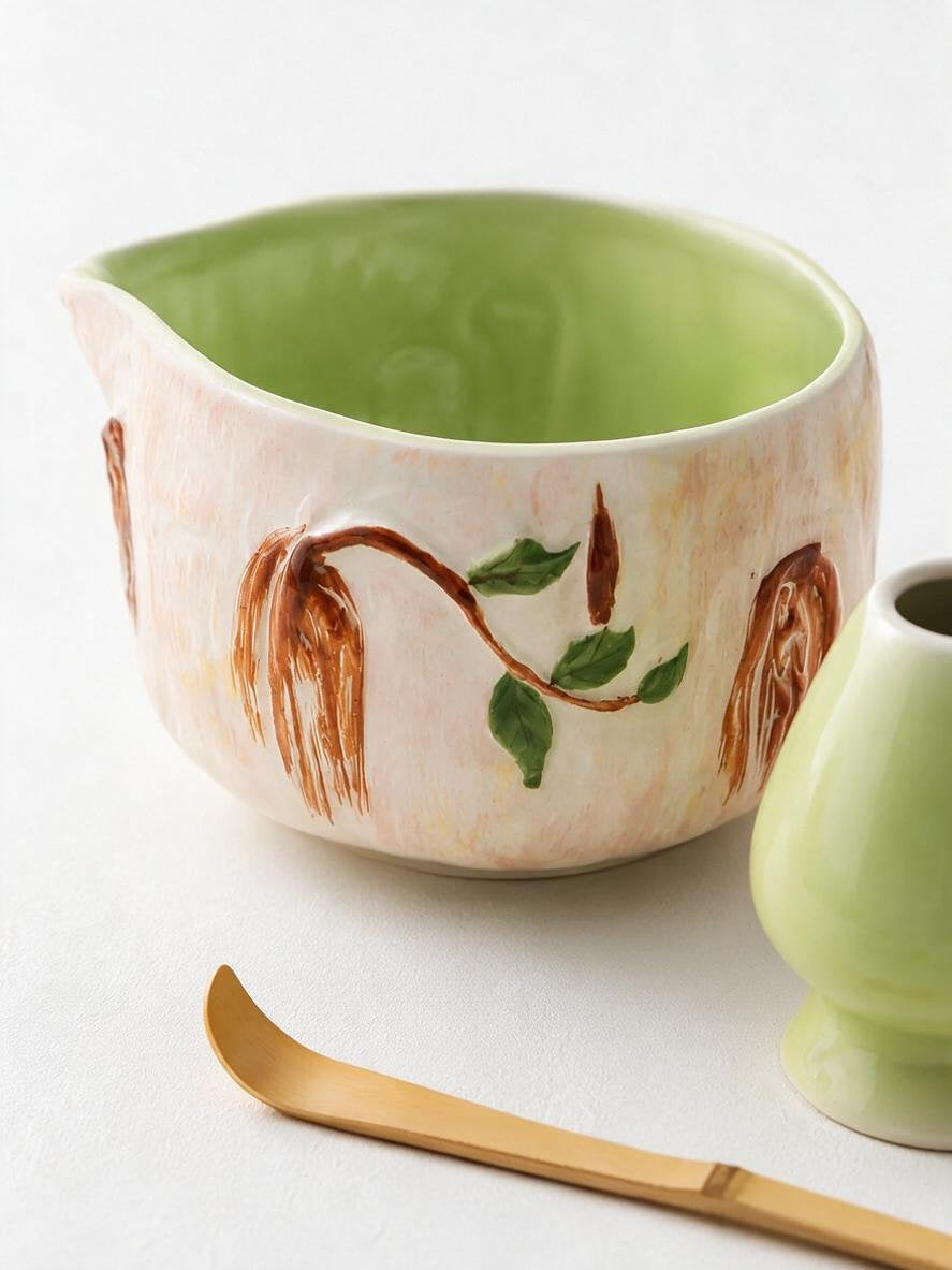 Willow Green ceramic matcha bowl detail with bamboo scoop and whisk holder