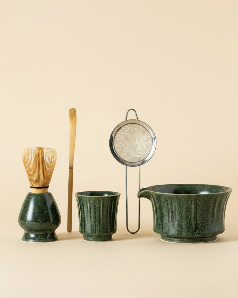 Matcha Spring dark green ceramic matcha bowl set with bamboo tea tools