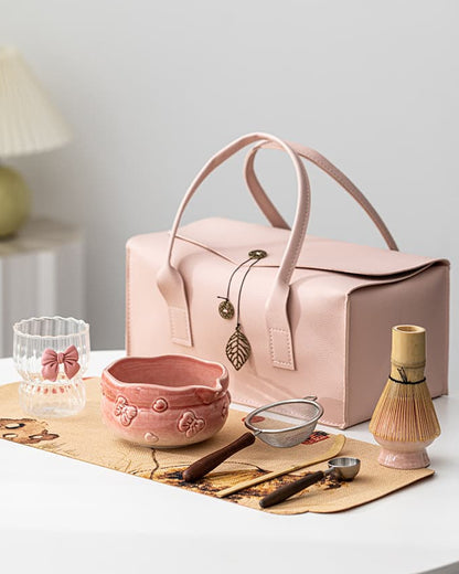 Blush Bow matcha gift set with ceramic bowl, bamboo whisk, holder, tray, and tools