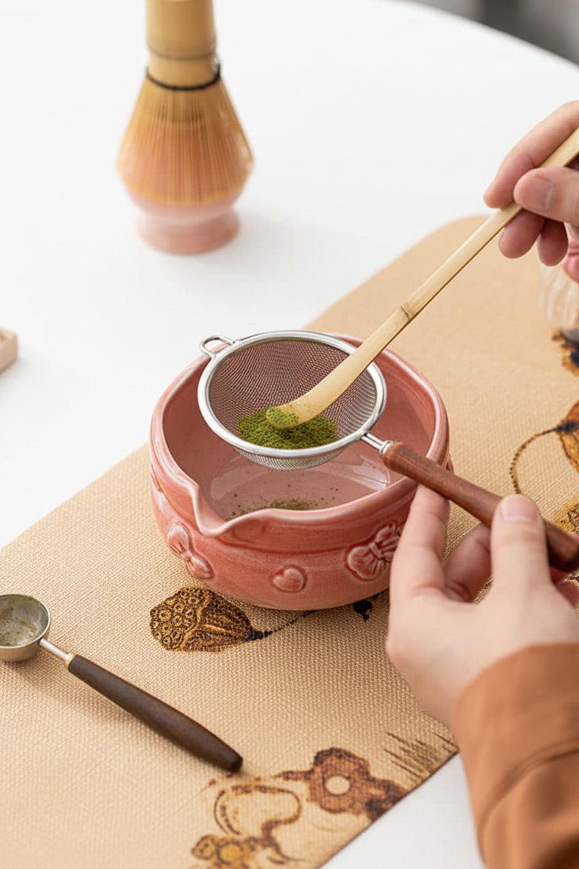 Handbag-style pink matcha gift case with complete tea ceremony tools