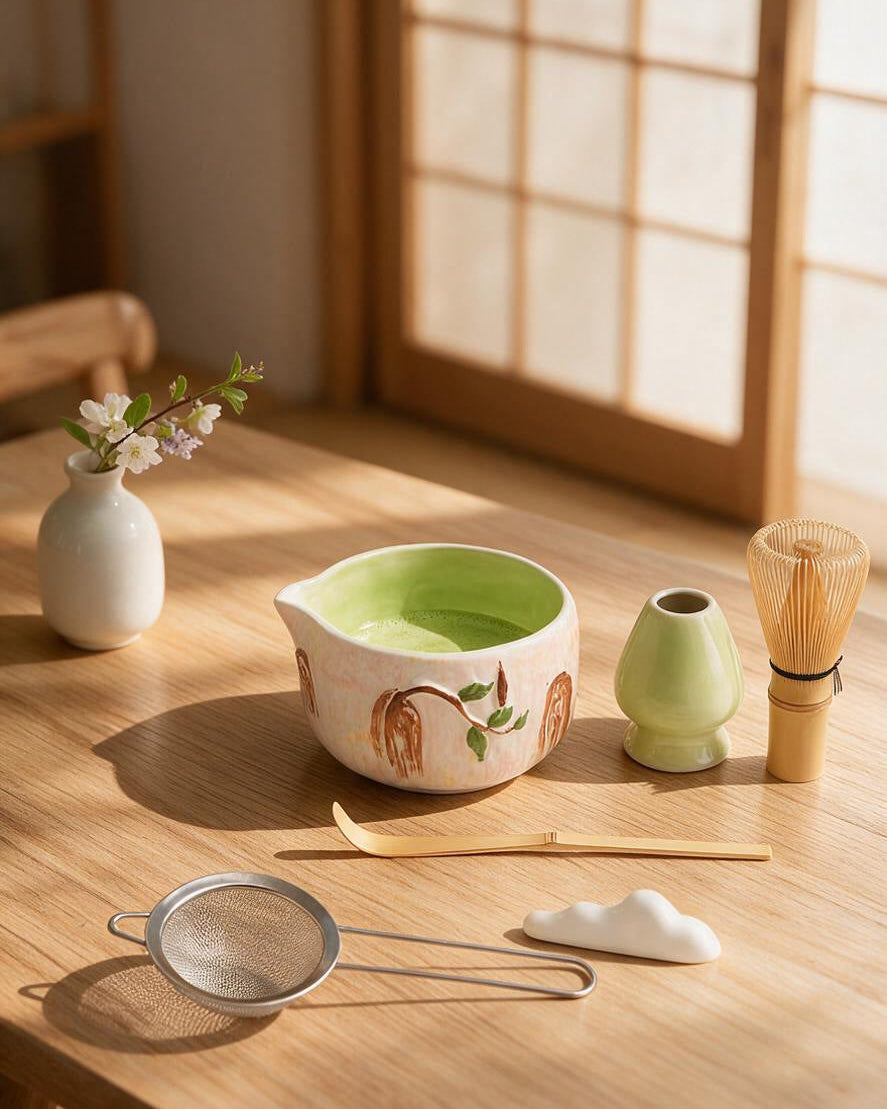 Willow Green matcha set styled on a wooden tray with cherry blossoms