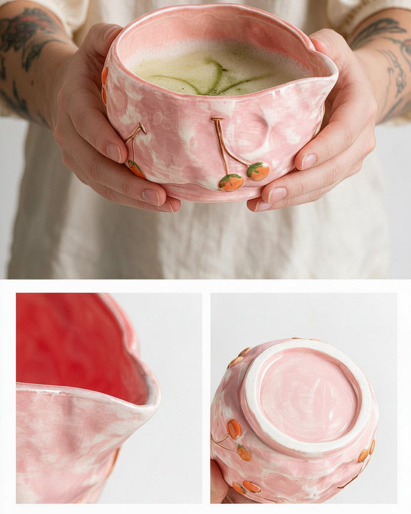 Cherry Pink ceramic matcha bowl detail, pouring spout and polished base