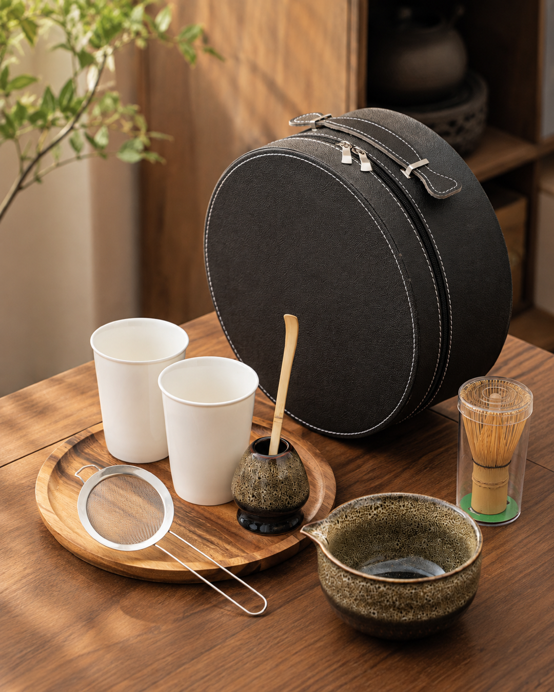 Earth brown Kiln & Ritual matcha gift set with ceramic bowl, cups, and tools