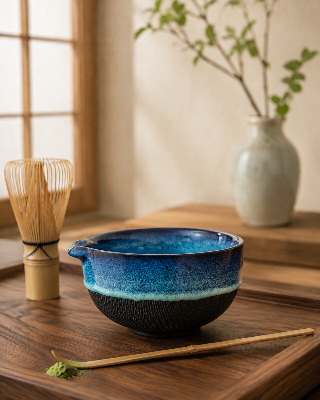 Kiln & Ritual matcha ceremony tools arranged on wooden tray