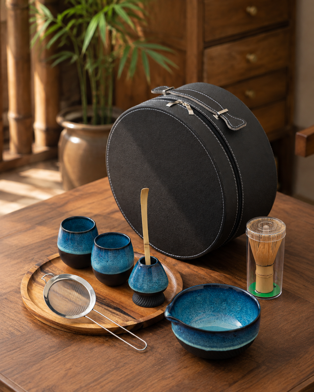 Kiln & Ritual blue and white ceramic matcha gift set with round carrying case