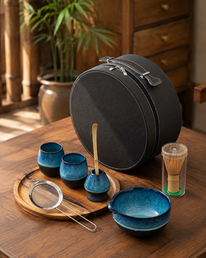 Kiln & Ritual blue and white ceramic matcha gift set with round carrying case